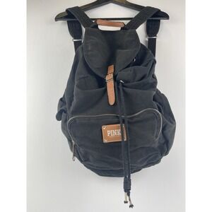 Victoria's Secret Pink Cotton Black Backpack Drawstring Zip Pockets‎